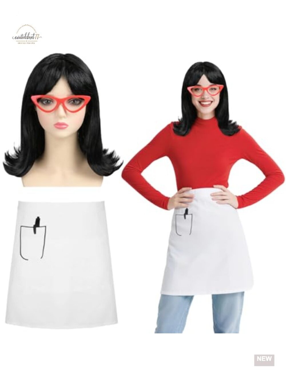 Womens Retro Diner Waitress Costume Set Cat-Eye Glasses Flip Wig Apron